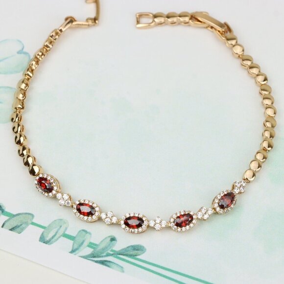 "Rose Gold Plated Red Oval Stone Bracelet with White Accents, XPBL0778 - Picture 5 of 11